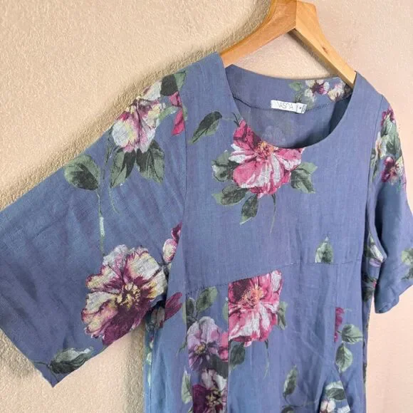 VASNA Lagenlook Linen Dress Blue Floral Made in Italy Oversized Pockets Boho M - Picture 3 of 13